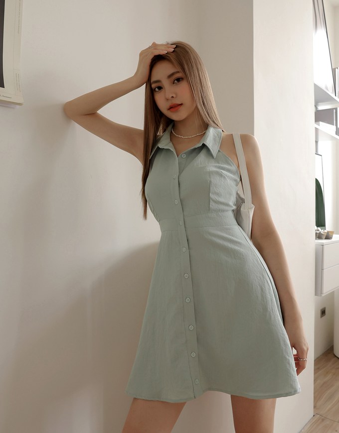 Collar Tie Back Ribbon Shirt Mini Dress