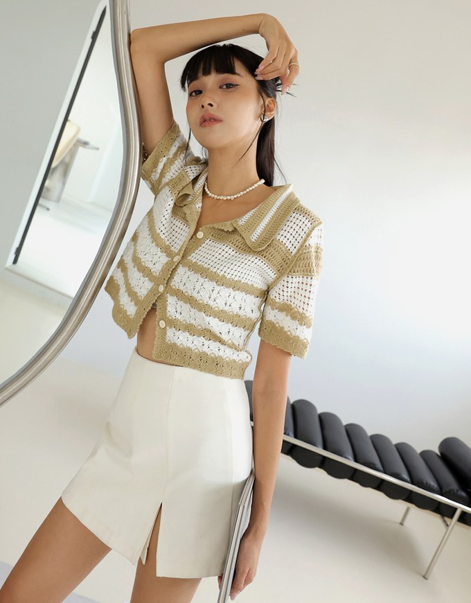 Striped Crochet Knit Blouse