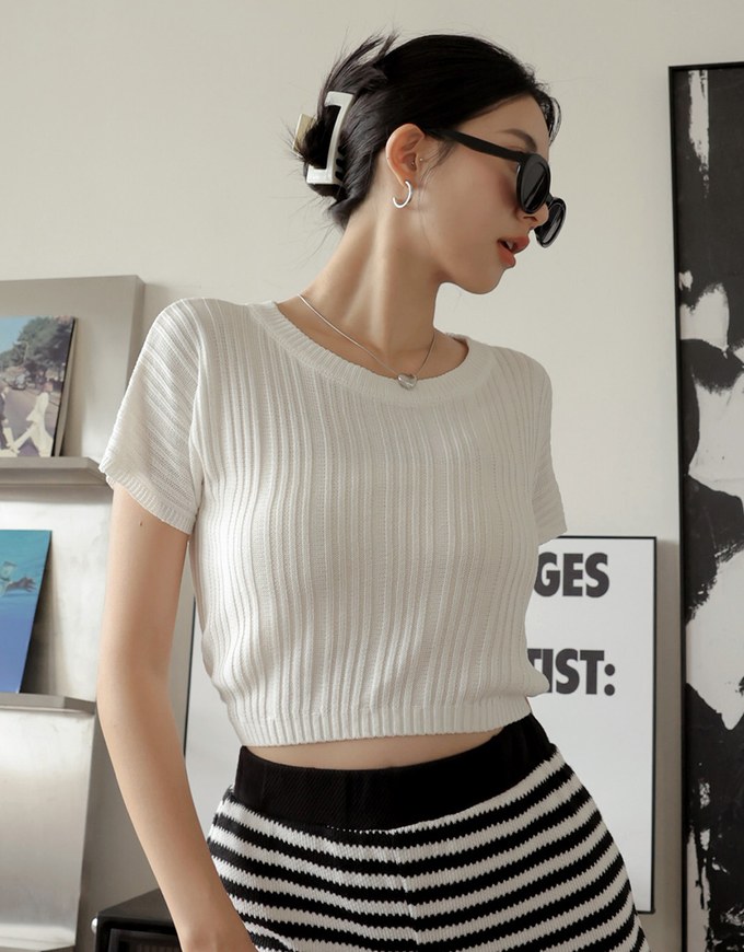 Simple Striped Knit Short Sleeve Top
