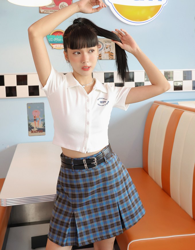 【Benefit】Preppy style Checkered Short Skirt (With Belt)
