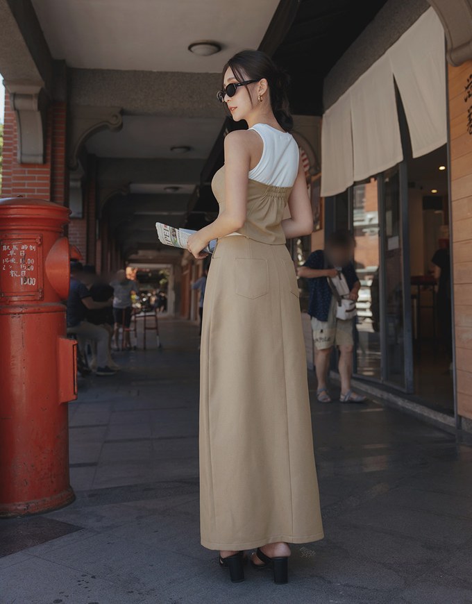 【Elecher's Design】Stylish Contrast Color Front Slit Suit Long Dress