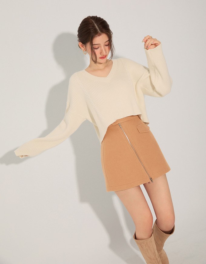 Casual Double-Zip Woolen Mini Skirt