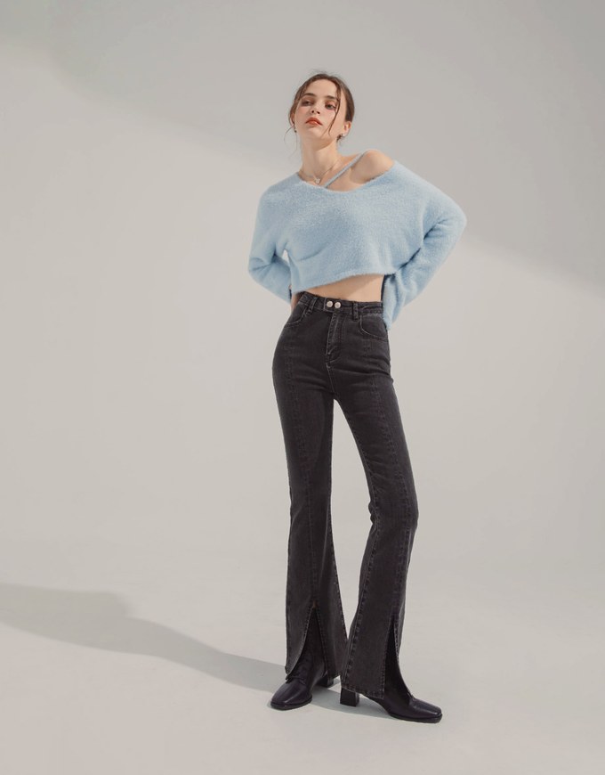 Double Button Slit Denim Trumpet Pants