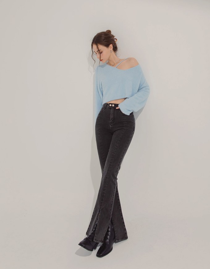 Double Button Slit Denim Trumpet Pants