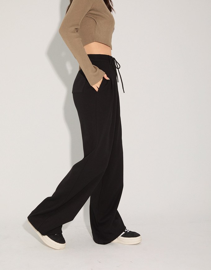 Drawstring Cotton Pleated Long Pants