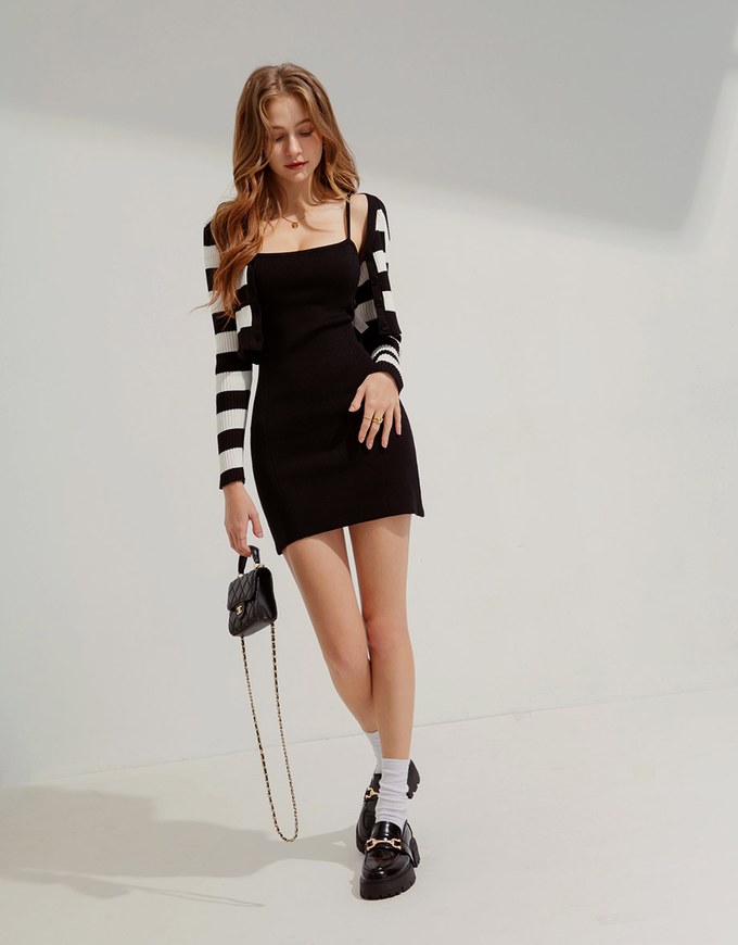 Two-Piece Wide Striped Knitted Short Dress