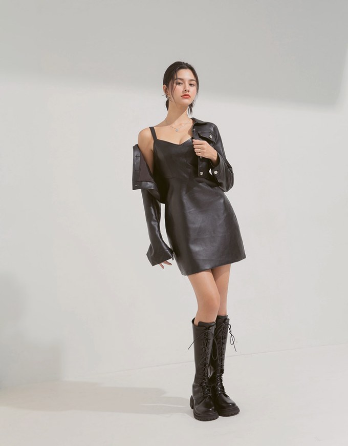 Matte Leather Thin Shoulder Short Dress(With Padding)