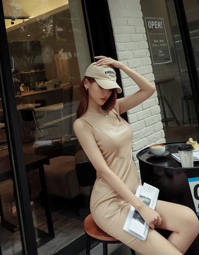 Matte Leather Thin Shoulder Short Dress(With Padding)