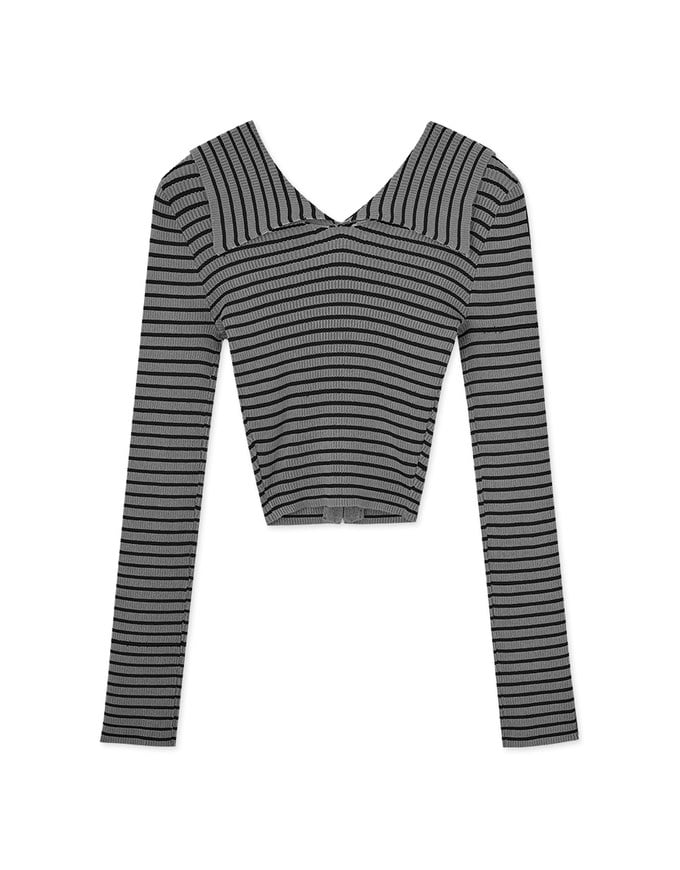 2way Large Collar Striped Zipper Top