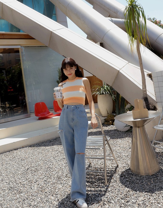 Sexy Side Cut Denim Wide Pants