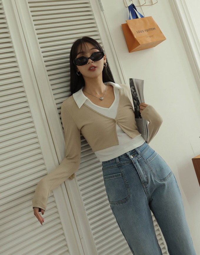 Smart Lapel Slit Long Sleeve Top