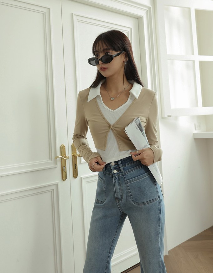 Smart Lapel Slit Long Sleeve Top