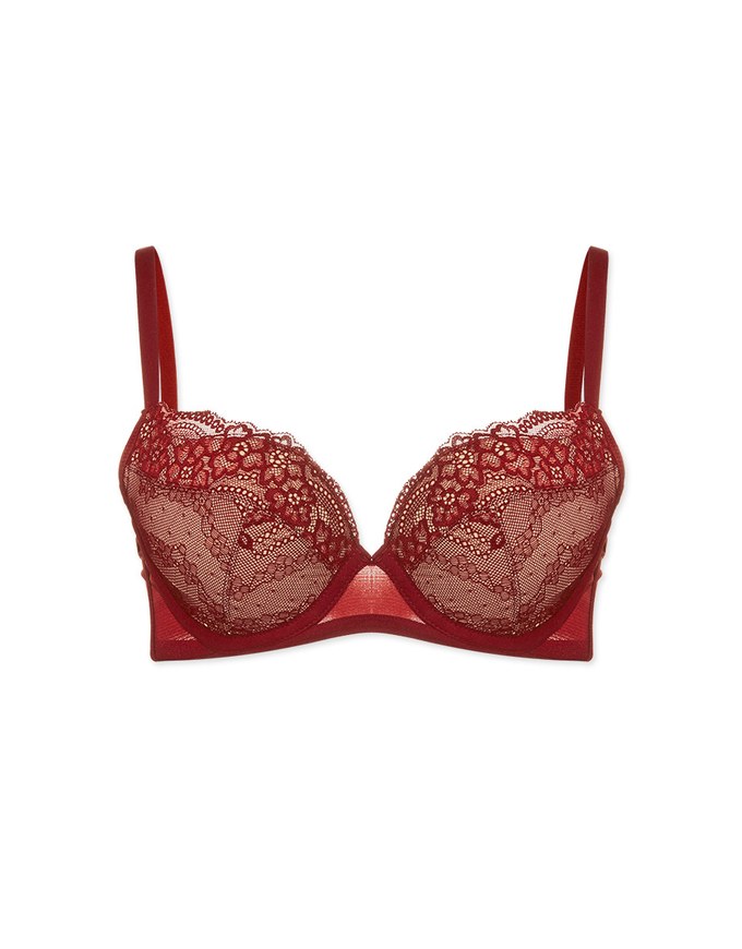 DOUBLE PUSH Deep V Low Ridged Lace Bra