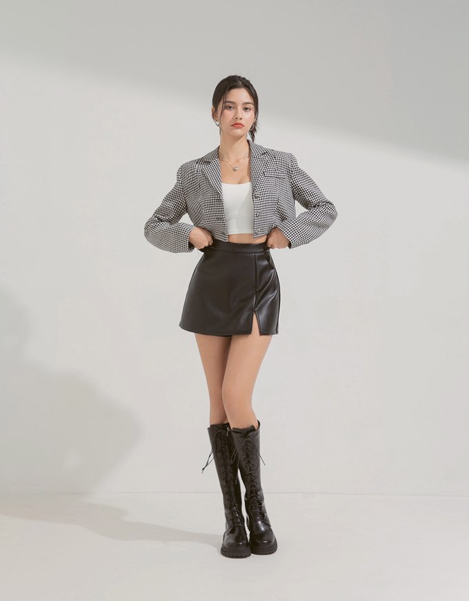 K-pop Tummy Control Leather Slit Skort