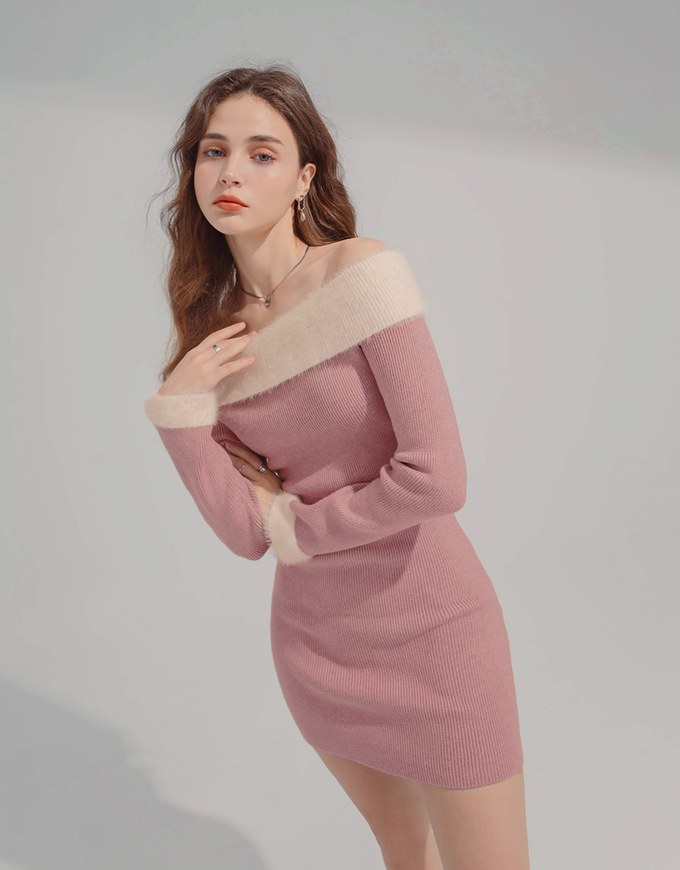 Plain Knitted Off Shoulder Mini Dress