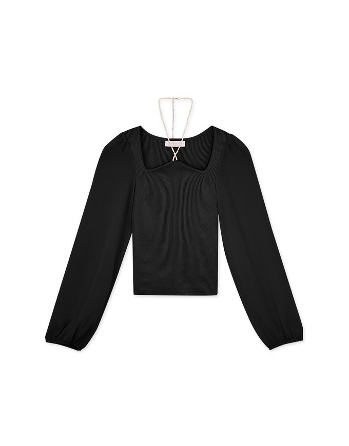 Pearl Chain Round Neck Panel Knit Top