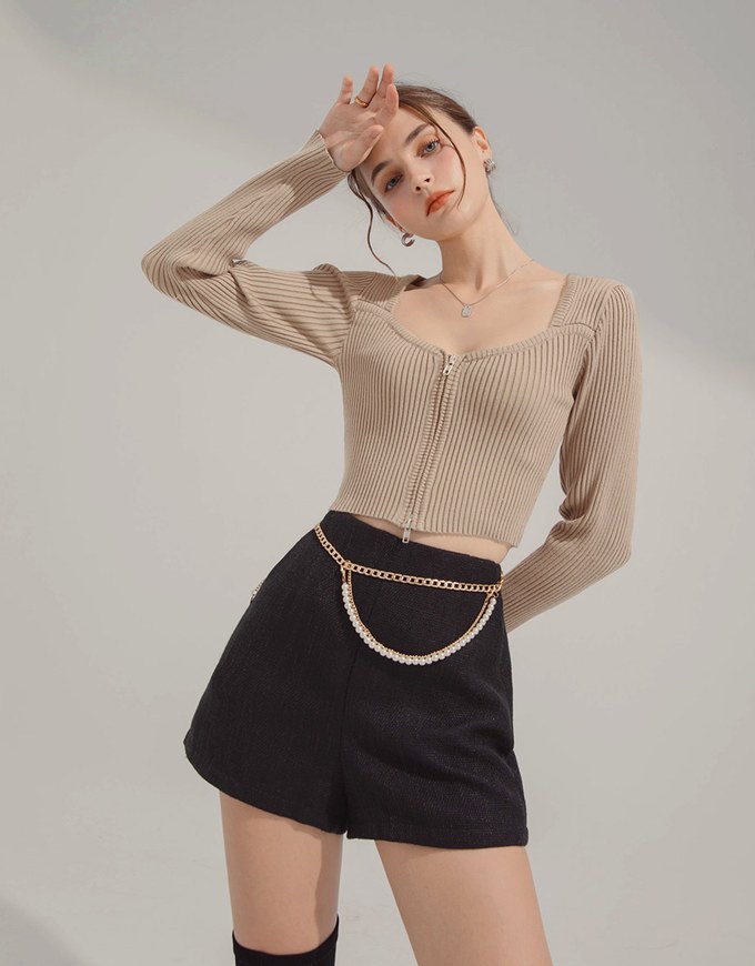 Double Zip Square Neck Ribbed Top