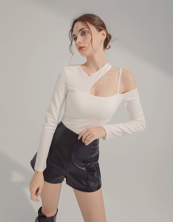 One-shoulder Hollow Ribbed Top (With Padding)