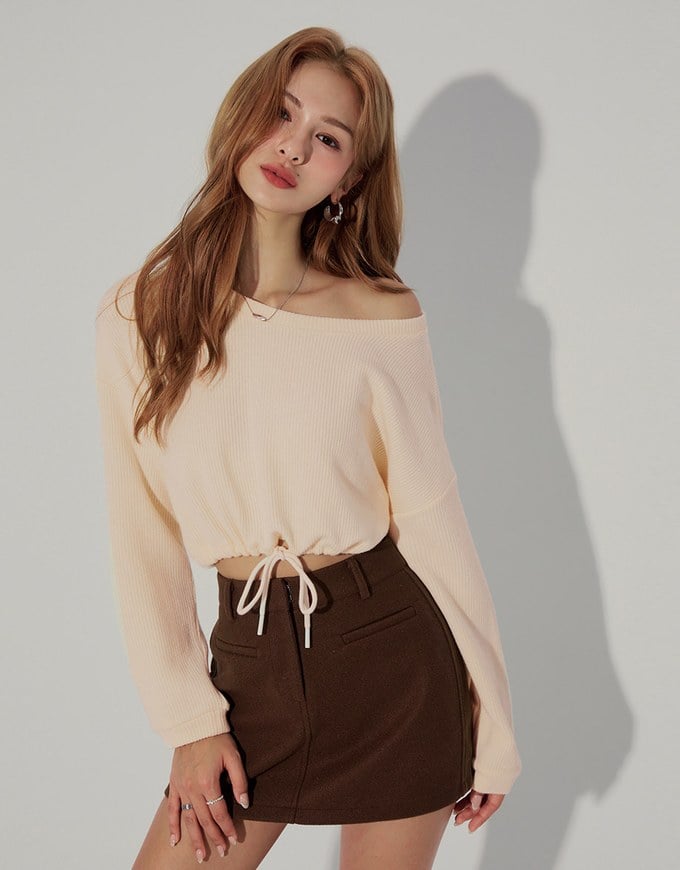 Slant Shoulder Casual Drawstring Top