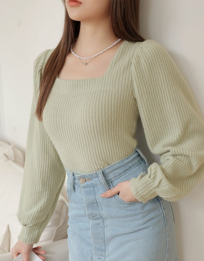 Square Neck Wool Puff Sleeve Top