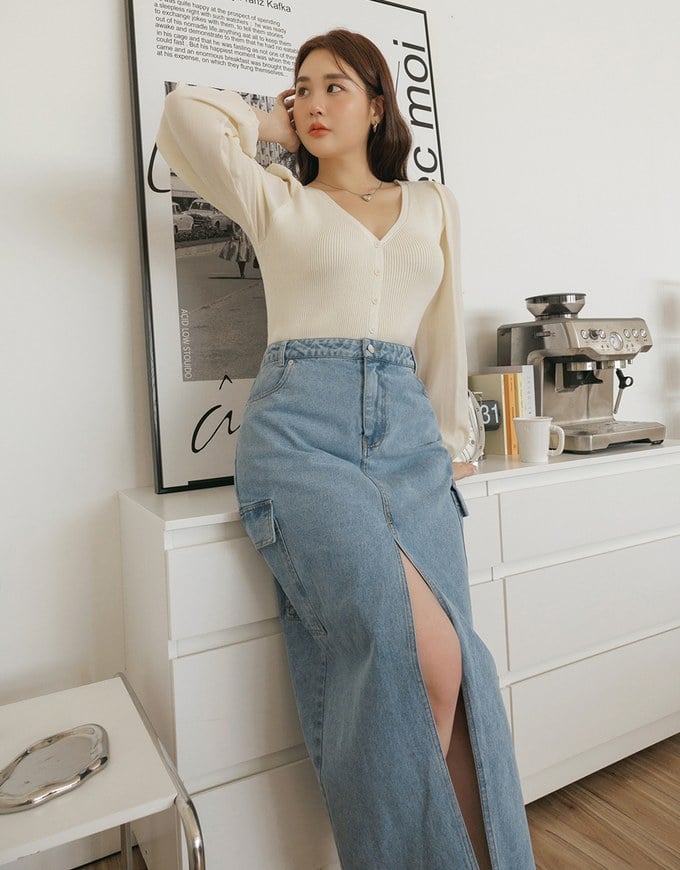 Workwear Front Slit Denim Maxi Skirt