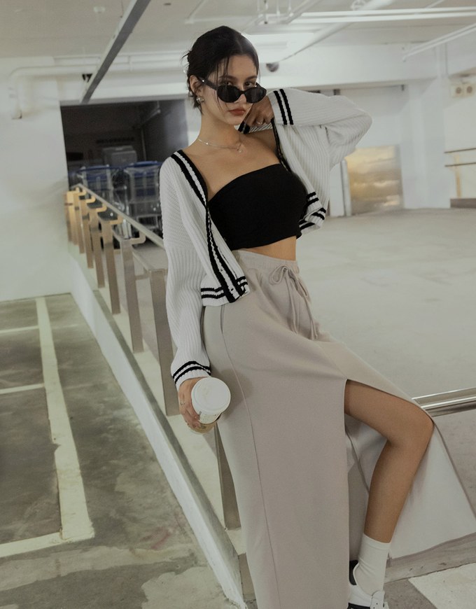 Cotton Drawstring Front Slit Maxi Skirt