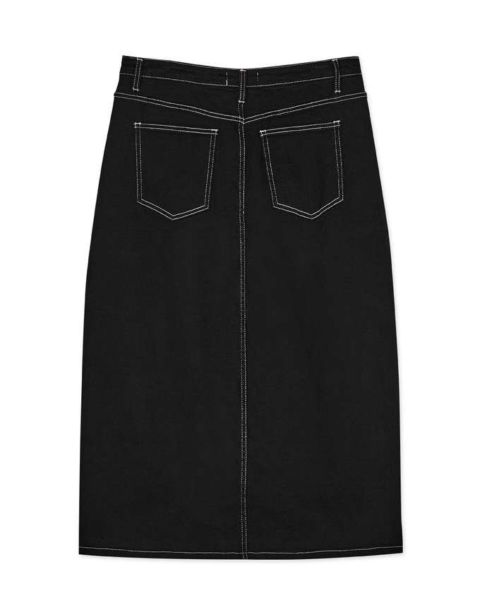 Front Slit Stitched Denim Maxi Skirt