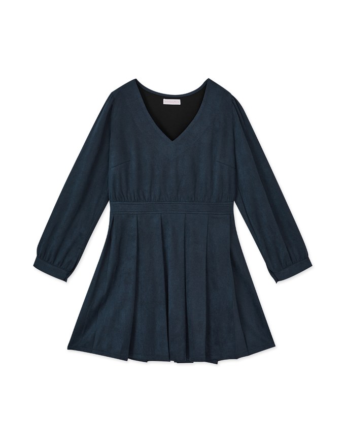 V Neck Fleece Pleated Mini Dress