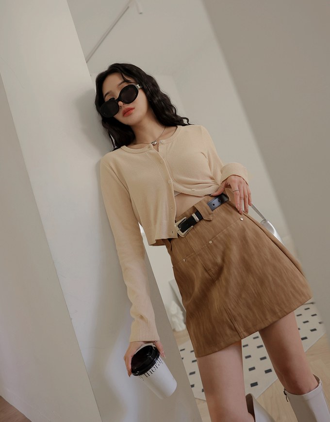 Mixed Color Leather Skirt (With Belt)