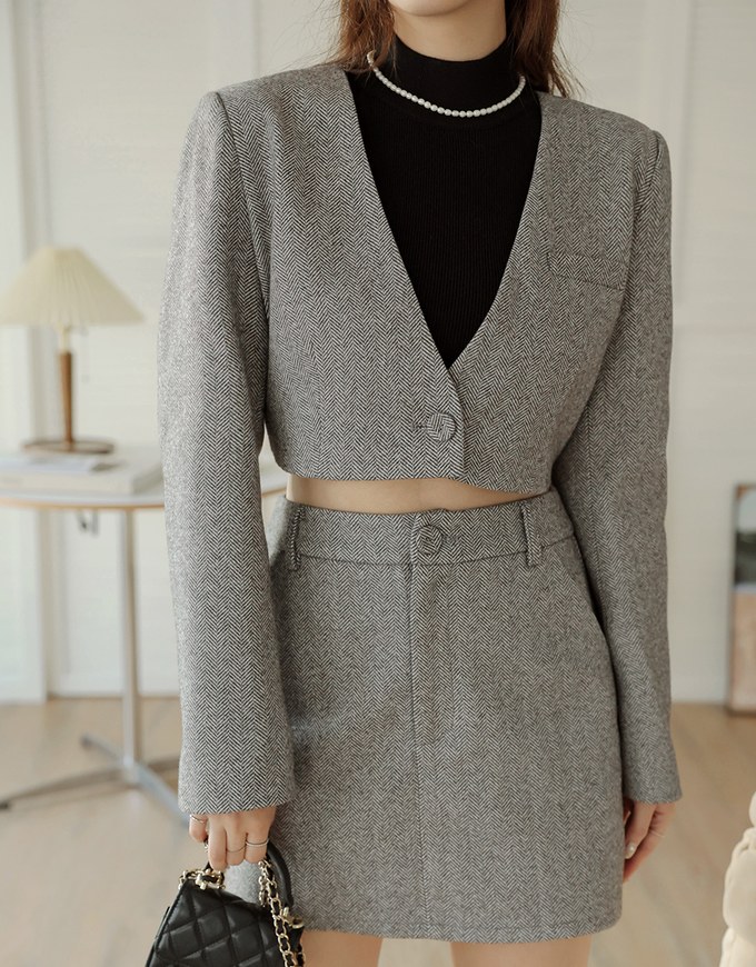 Herringbone Single-Button Blazer (With Shoulder Pads)