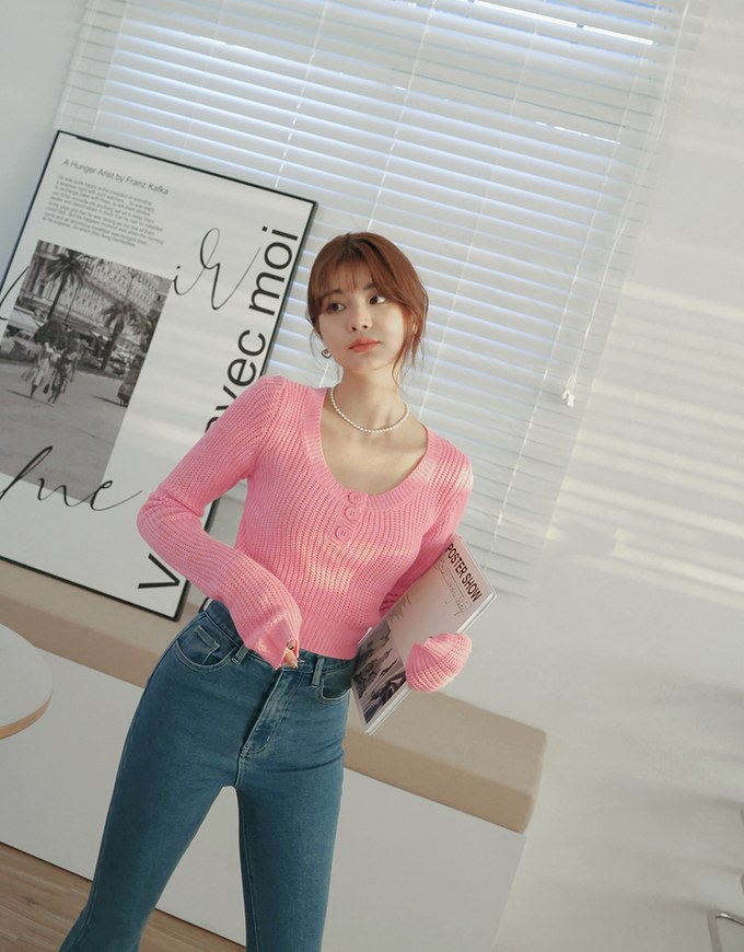 Plain Color Crew Neck Textured Top