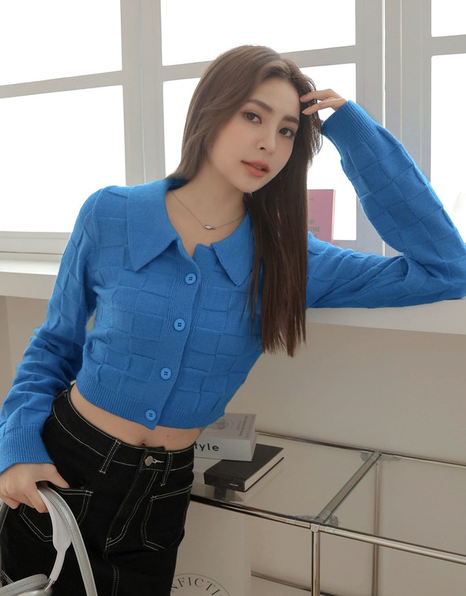 Detailed Plaid Collar Knitted Top