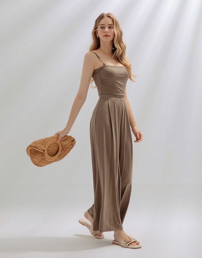 Asymmetric Gold Trimmed Silky Jumpsuit