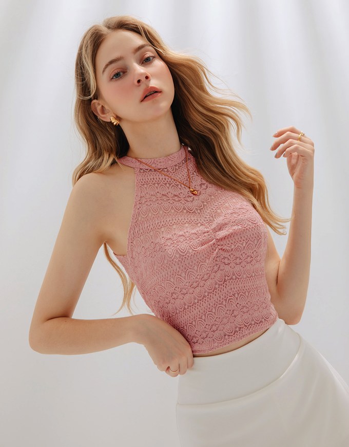 Sheer Embroidered Halter Padded Tank Top