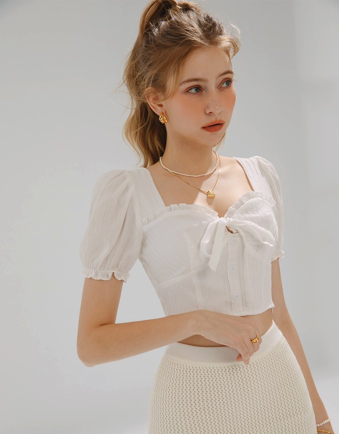 Sheer Lace Tie Back Puff Sleeve Top