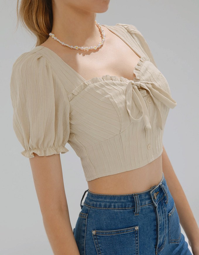 Sheer Lace Tie Back Puff Sleeve Top