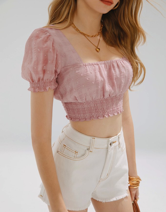 Square Neck Sheer Puff Sleeve Top