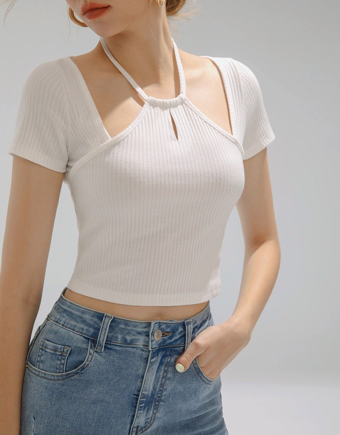 Lace Up Hollow Ribbed Top