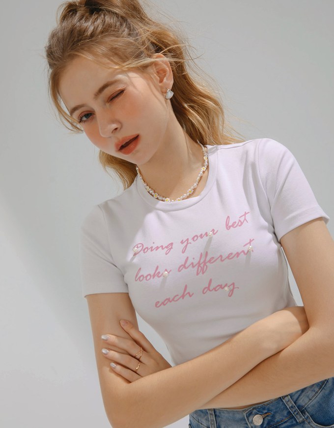 Alphabet Pearl Embellished Round Neck Tee Top