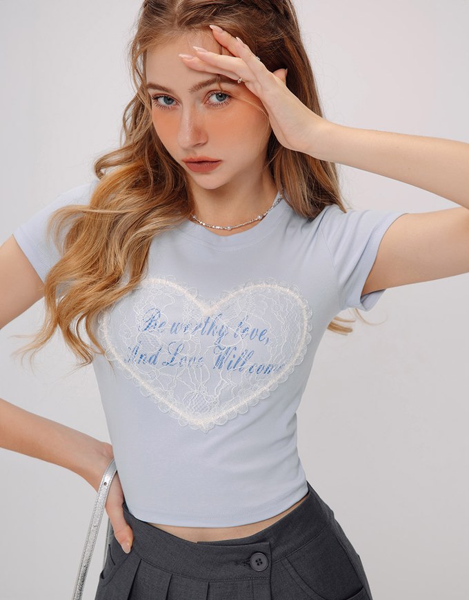 Lace Trim Heart Letter Tee