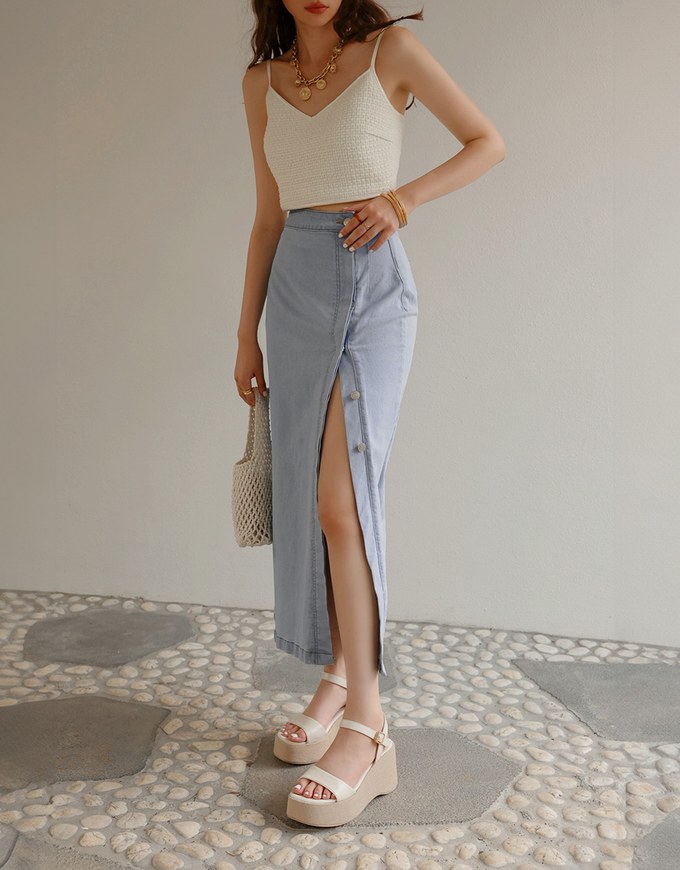 Side Button Slit Jeans Denim Long Skirt