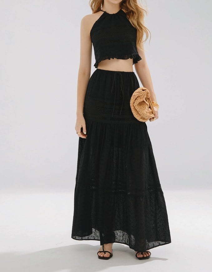 Lace Maxi Long Skirt With Elastic Waistline And Drawstring Tiered & Embroidery Beach Style