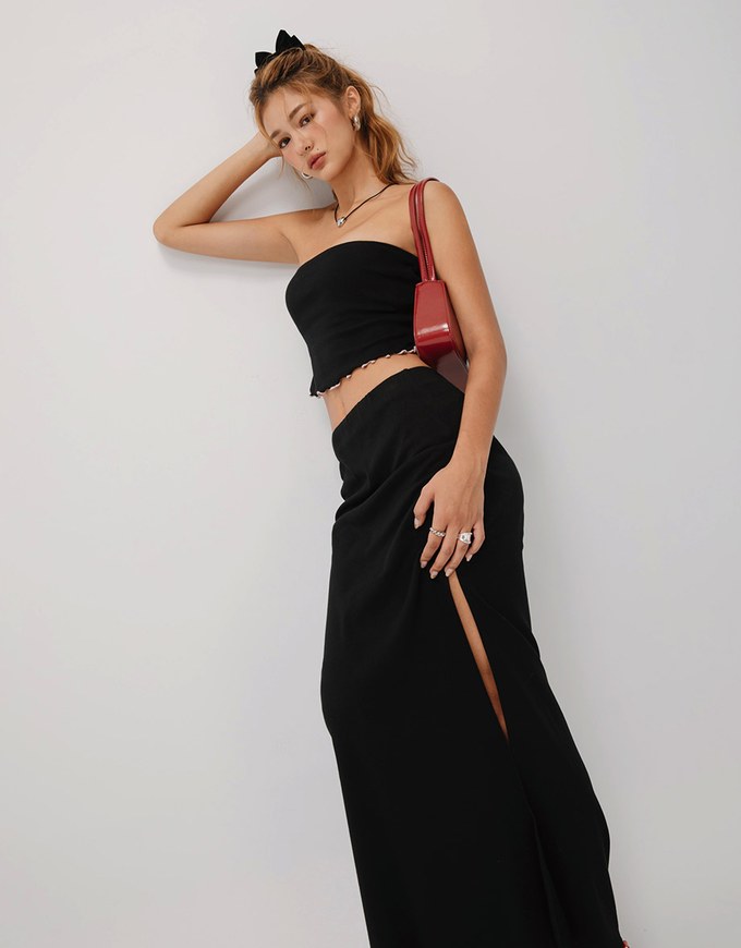 Ruffled Smooth Bodycon Slit Long Skirt