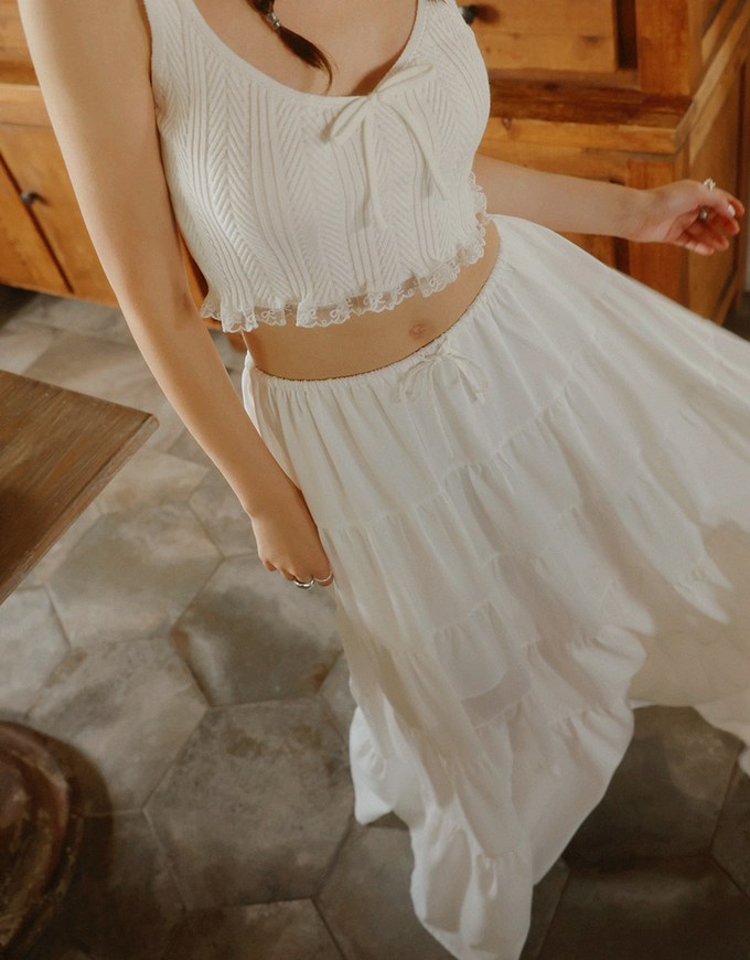 Maxi Long Skirt With Elastic Waistline And Drawstring Tiered & Textured Beach Style