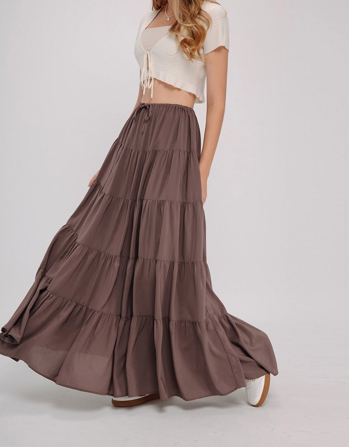 Maxi Long Skirt With Elastic Waistline And Drawstring Tiered & Textured Beach Style