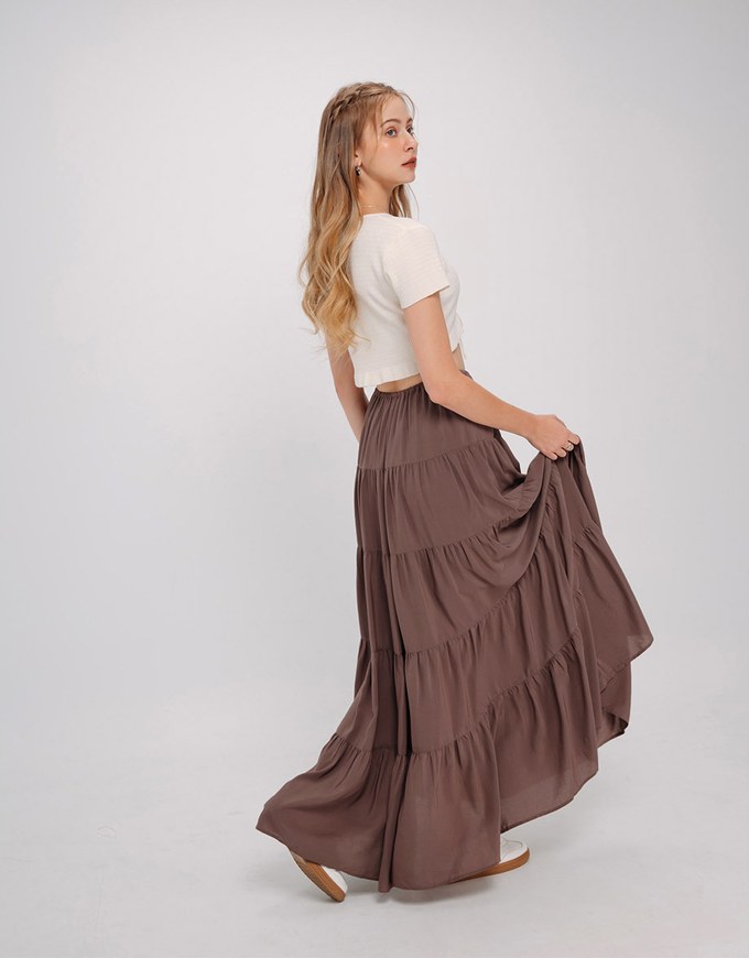 Maxi Long Skirt With Elastic Waistline And Drawstring Tiered & Textured Beach Style