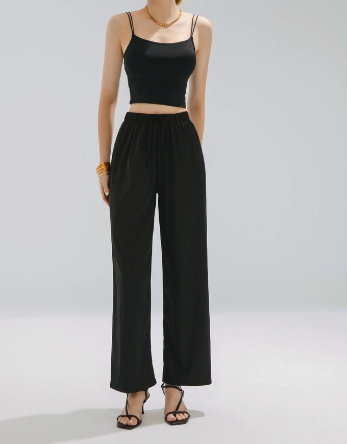 Simple Plain Drawstring High Waisted Pants Culottes