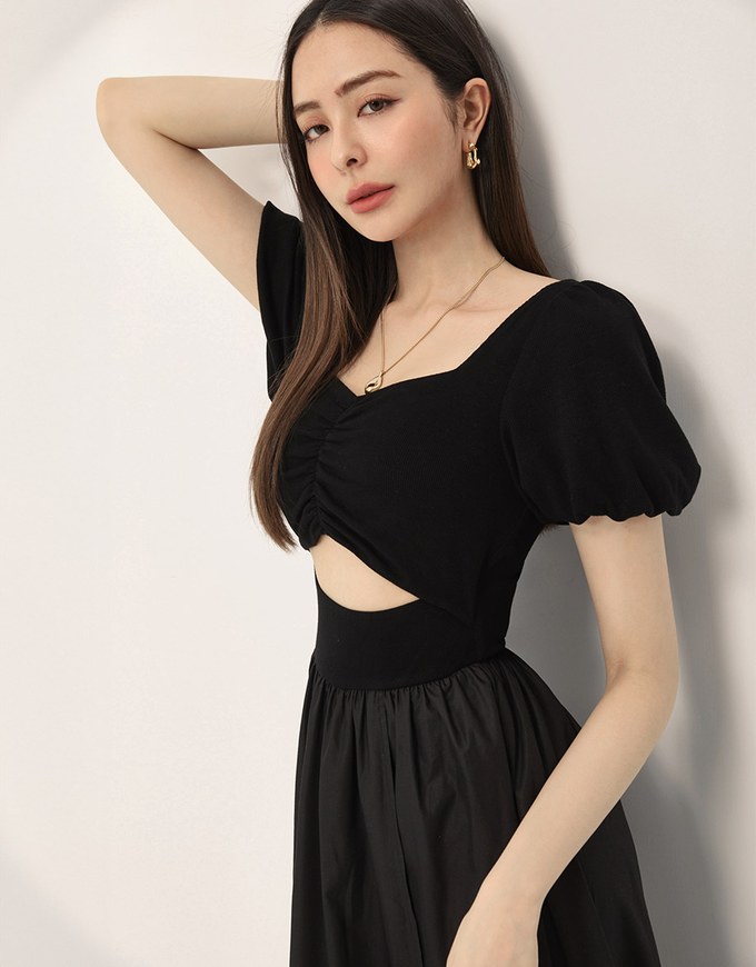 French Retro Hollow Puff Short Sleeve Dress