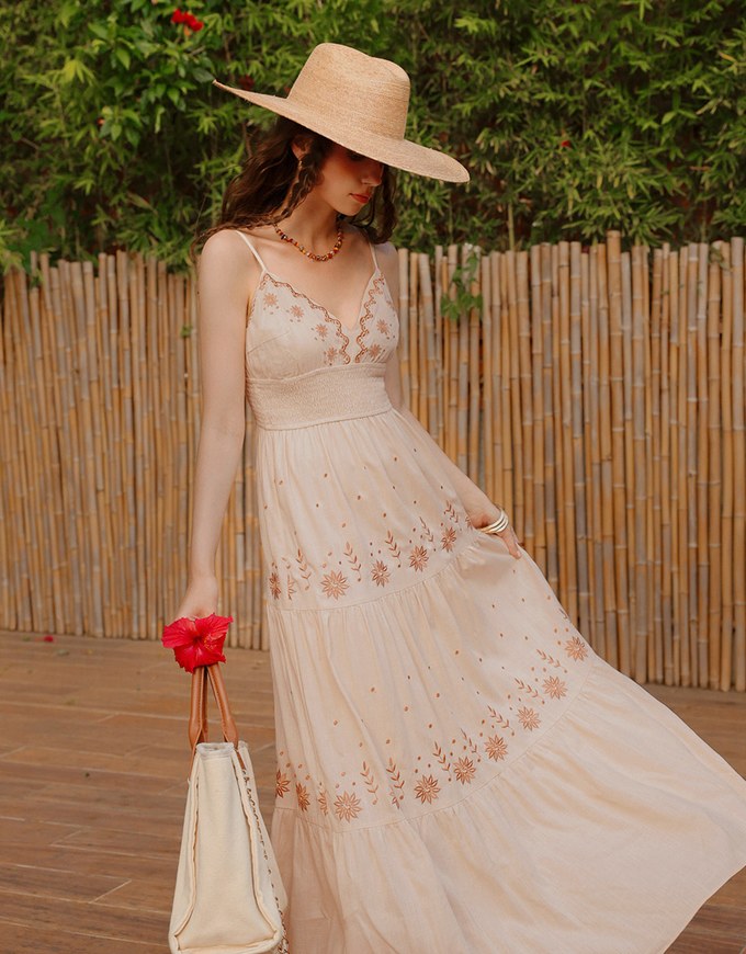 Bohemian Boho Style Embroidered Tiered Maxi Dress