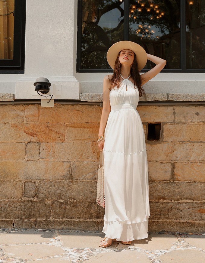 Semi Sheer Halter Chiffon Padded Maxi Dress